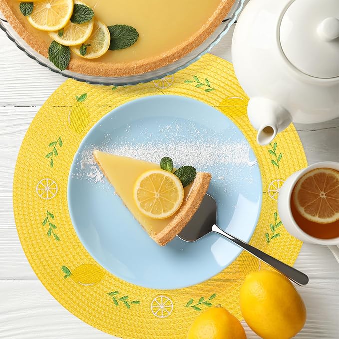 Whaline 4Pcs Round Placemats Lemon Embroidered Place Mats Summer Lemon Greenery Leaves Dinner Table Mats for Home Wedding Baby Shower Birthday Party Decor-Ruum Studio Home