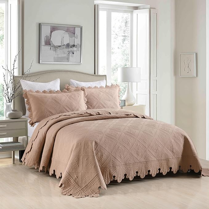 MarCielo 3-Piece 100% Cotton Oversized Bedspread Lightweight Quilt Coverlet Embroidery Farmhouse Bedding Set (TK Pale Taupe Camel, Oversized Queen (100"x106"))-Ruum Studio Home
