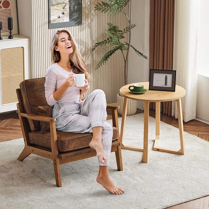 Karl home Accent Chair Wide Armrest Mid-Century Lounge Chair Bronzing Cloth Armchair with Lumbar Pillow & Solid Wood Frame for Living Room, Bedroom, Balcony, Brown-Ruum Studio Home