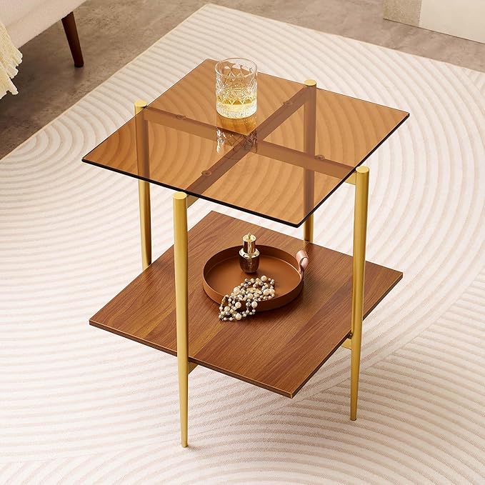 Glass End Table, Mid-Century Modern Design Sofa Table, L41 x W21 x H17, for Living Room, 2-Tier Structure, Clear Glass Top and Walnut MDF Shelf, Sleek Conical Metal Legs with Gold Finish Frame-Ruum Studio Home
