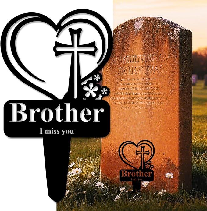 Brother Memorial Grave Stake, Cemetery Decorations for Grave Markers 12.5 x 7.2 inch Heart Metal Sympathy Stakes Graveside Plaque Decor Sign for Brother Graves, Yard, Garden - Black-Brother-Ruum Studio Home