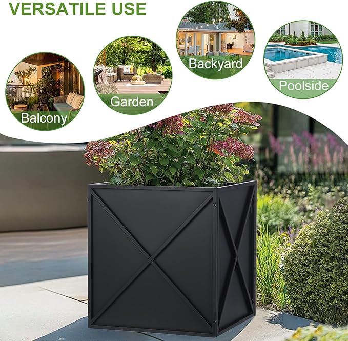 Metal Square Planter Box Tall Planters for Outdoor Plants Modern Heavy Duty with Drainage Holes for Outside Indoor Patio Deck - Black, 17”x 17”x 18”-Ruum Studio Home