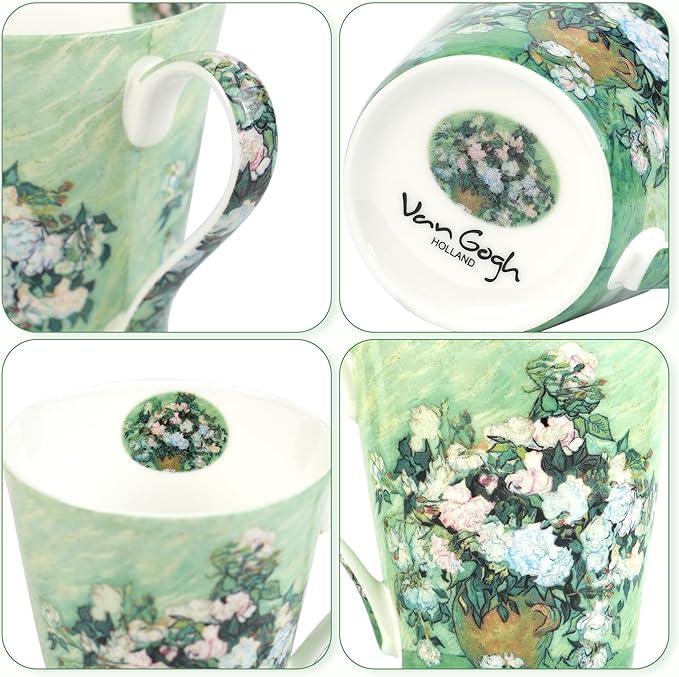 Coffee Mug Sets of 4, 12oz Bone China Porcelain Cups with Art Print Large Handle Dishwasher Microwave safe for Tea Cocoa or Hot Chocolate-Ruum Studio Home