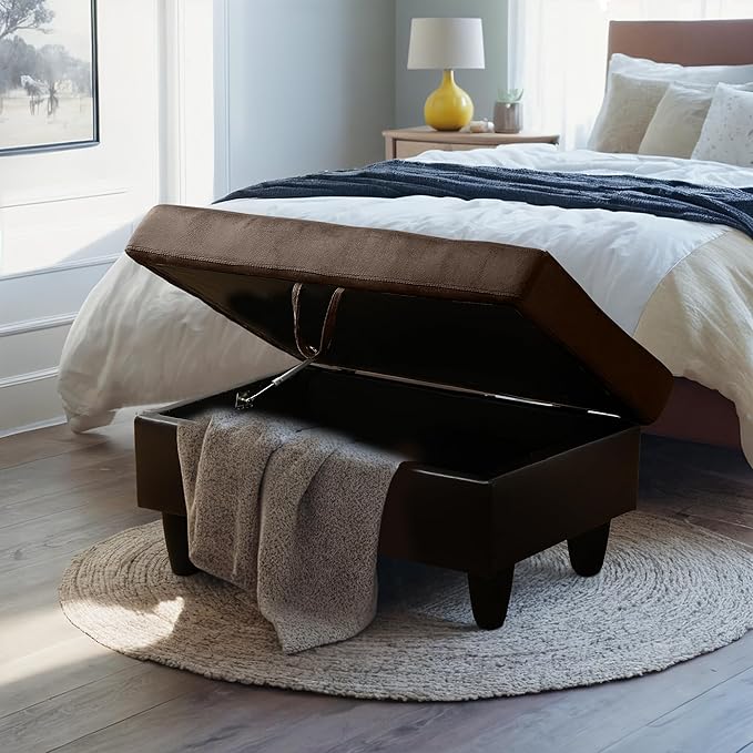 Ottoman Rectangular Storage Ottoman Bench, Flannel Footrest Stool Footstool with Lid for Living Room, Bedroom, Entryway, Dark Brown&Black, 35"x23.5"x17.5"-Ruum Studio Home