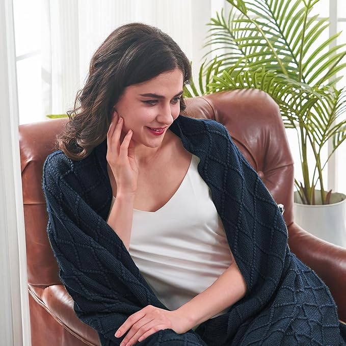 inhand Knitted Throw Blankets for Couch and Bed, Soft Cozy Knit Blanket with Tassel, Dark Blue Lightweight Decorative Blankets and Throws, Farmhouse Warm Woven Blanket for Men and Women, 60"x80"-Ruum Studio Home