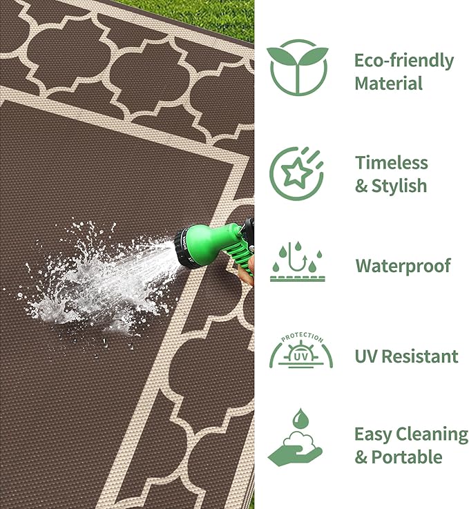 GENIMO 6' x 9' Outdoor Rug Waterproof for Patio Decor, Foldable Reversible Plastic Straw Area Rugs Mat for Camper, Outside Carpet for Rv, Deck, Porch, Picnic, Beach, Balcony, Coffee & Beige-Ruum Studio Home