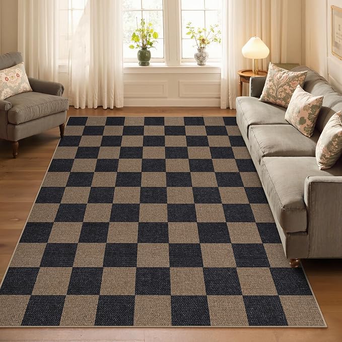 Lahome Checkered Easy Jute Living Room Rugs, 5x7 Black Dining Room Office Rug Farmhouse Washable Carpet, Checkerboard Neutral Non Slip Indoor Outdoor Carpet for Bedroom Entry Patio-Ruum Studio Home