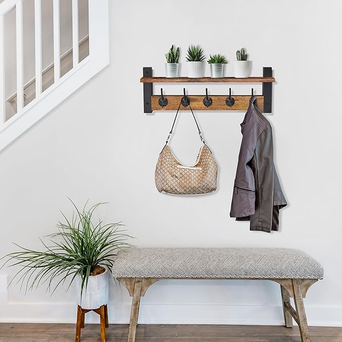 Sorbus Coat Hooks Wall Mount with Shelf – 24 Inch Coat Rack Wall Mount with 5 Heavy Duty Hooks – Floating Wall Shelf with Hooks for Entryway, Bathroom, Bedroom, Kitchen, or Mudroom (Rustic Brown)-Ruum Studio Home