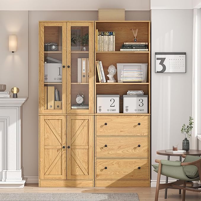 71" Tall Bookshelves Set of 2, Bookcase with Drawers & Bookshelf with Doors, Wooden Bookshelves Floor Standing Display Storage Shelves Home Decor Furniture for Home Office, Living Room,Natural-Ruum Studio Home