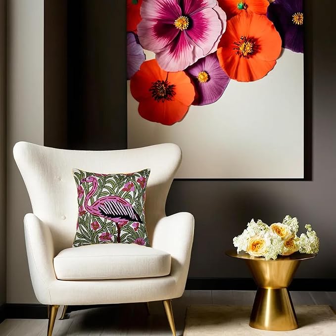 William Morris Flamingo Floral Pillow Cover - Hand Embroidered Modern Flower Pillowcase, Outdoor Cushion, Suzani Farmhouse Chair Throw, Couch Cushions - Wool, Size 18x18-Ruum Studio Home
