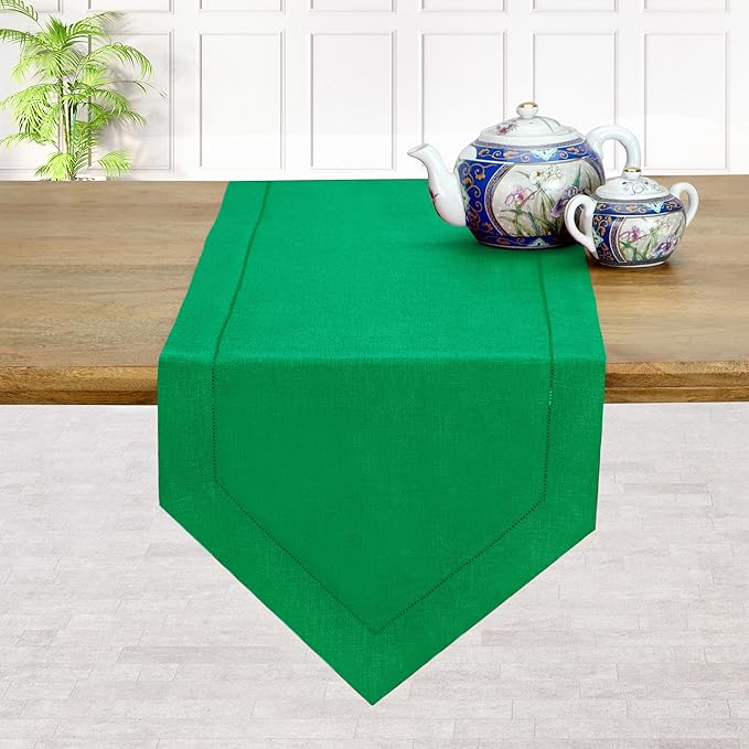 D'Moksha Homes Kelly Green Linen Table Runner 72 Inches Long - 100% Pure Linen Diamond Table Runner 14 x 72 Inch for Dining, Fall and Halloween - Machine Washable-Ruum Studio Home