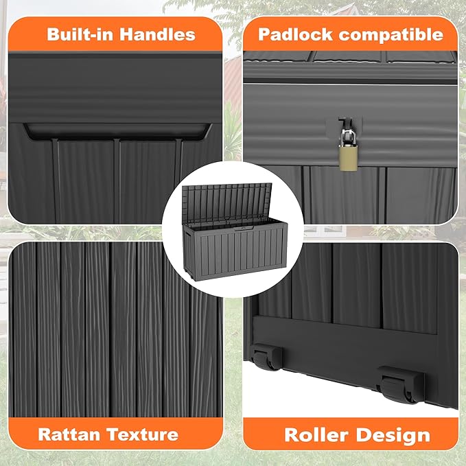75 Gallon Resin Deck Box, Lockable Patio Outdoor Storage Box for Furniture, Garden Tools and Tools Storage, Waterproof Outside Storage Boxes - Black-Ruum Studio Home