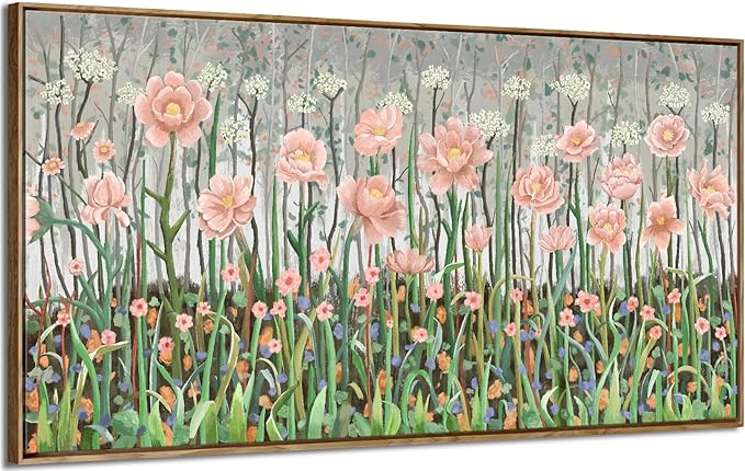amatop Framed Large Floral Wall Art Modern Botanical Canvas Print Flower Field Wall Decor Abstract Landscape Picture Blooming Flower Forest Pink Green Artwork for Living Room Bedroom Office 48x24 in-Ruum Studio Home