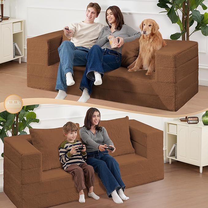 Folding Bean Bag Chair for Adults,3-in-1 Bean Bag Couch Faux Fur Floor Sofa Large Beanbag Convertible Bean Bag Sofa Bed with Pillow in Bedroom,Living Room,Apartment(Queen,Caramel)-Ruum Studio Home