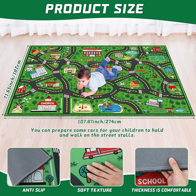 Kids Carpet Playmat Rug 6 x 9 ft Player Car Rug, City Life Traffic Road Map Mat Educational Game Area Mat for Toddler Children Playroom Classroom Bedroom(Green)-Ruum Studio Home