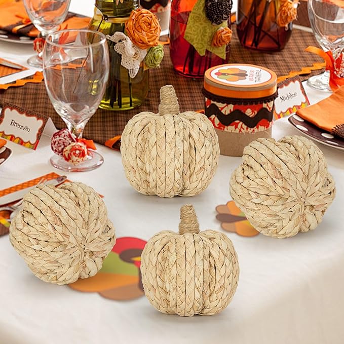 naturevibe 4.3 Inches Braided Cornhusk Pumpkin Decor Set of 4 as Centerpieces for Tables,Natural Corn Stalks Woven Pumpkins for Fall Home Decor,Thanksgiving Decorations or Autumn Harvest Gifts-Ruum Studio Home