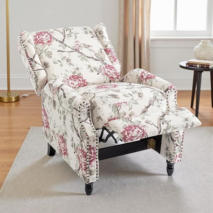 UIXE Pushback Recliner Chair, Fabric Upholstered Armchair Push Back Accent Chair for Living Room, Rivet Trim Home Theater Single Sofa Bedroom Reading Seat with Footrest - Beige Floral-Ruum Studio Home