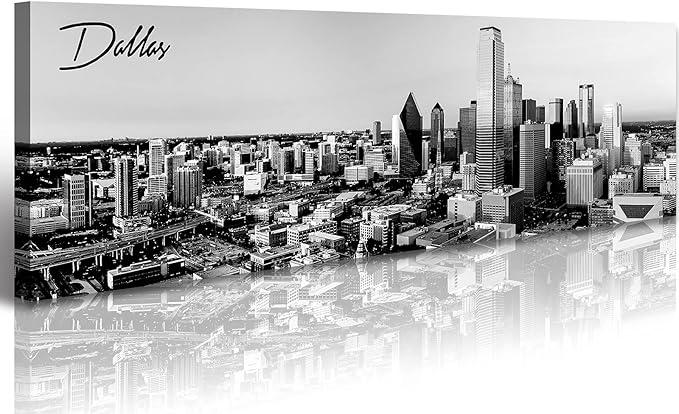 Black and White Wall Art Dallas Skyline Cityscape Skyscrapers Canvas Print Painting Landscape Texas City Buildings Pictures Modern Artwork for Man Room Office Living Room Decoration 13.8"x47.3"-Ruum Studio Home