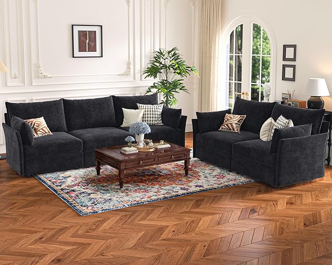 102.6" Modular Sectional Sofa, Oversized 3-Seater Couch with Removable Black Chenille Fabric Cover, Deep Seat & High Backrest for Living Room, Office & Apartment-Ruum Studio Home
