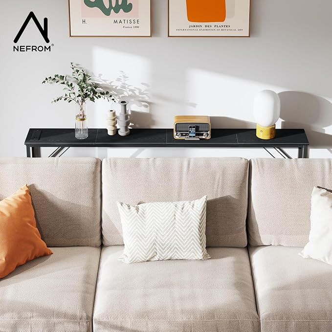 63'' Console Table, Skinny Entryway Table with Fast-Charging Station, Narrow Long Sofa Table, Behind Slim Couch Table for Entrance, Hallway, Living Room Decor ST-BK160-1-Ruum Studio Home