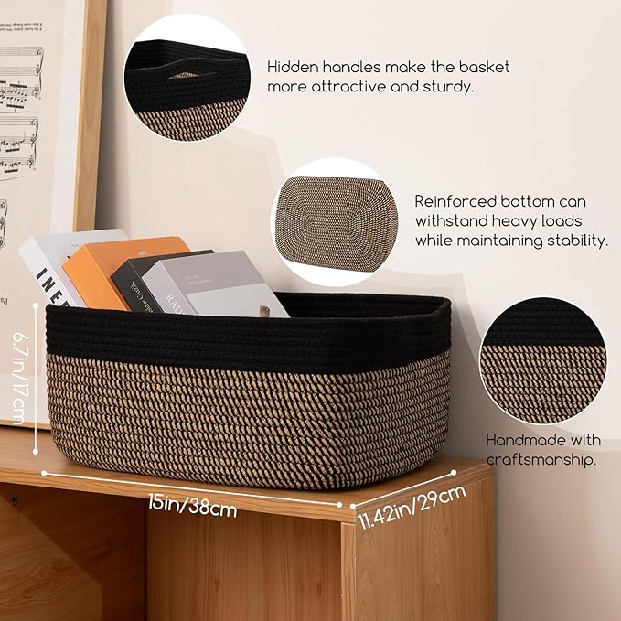 Storage Baskets for Organizing 3 Pack, Woven Baskets for Shelves, Closet Organizer Bins Empty Gift Basket Toy Storage for Toys, Books, Towels, Clothes, 15"x11.42"x6.7", Black & Yellow-Ruum Studio Home