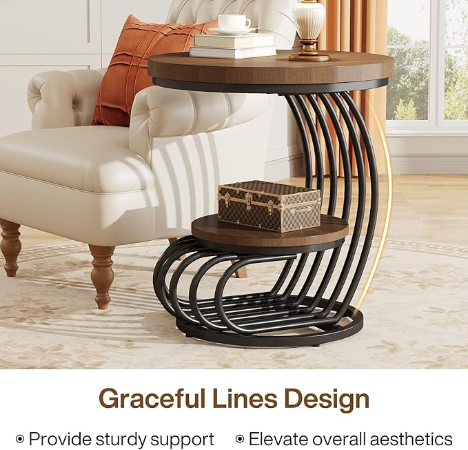 Tribesigns Round End Side Table: 2 Tiers Side Table Set of 2, Vintage End Table for Living Room, Small Bedside Table Accent Table with Arc-Shaped Frame, Light Brown-Ruum Studio Home