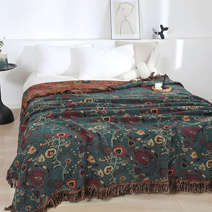 Boho Throw Blanket for Bed - 100% Pure Cotton Ultra Soft Rustic Quilt - Farmhouse Decor Bed Blankets, All Season Rustic Throw for Sofa Couch Chair(80''x 90'', Floral)-Ruum Studio Home