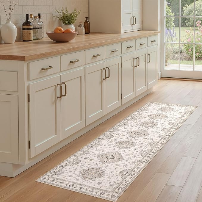 Washable 2x6 Runner Rug - Area Rugs Neutral Vintage Distressed Floral Farmhouse Boho Large Soft Floor Rug Indoor Carpet for Hallway Entryway Bedroom Kitchen - Beige Brown-Ruum Studio Home