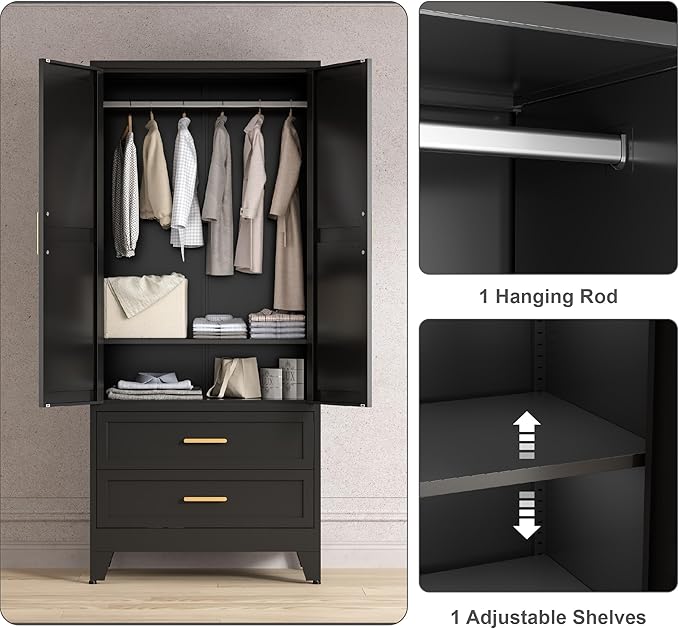 71'' Farmhouse Metal Wardrobe Cabinet with Hanging Rod, 2 Barn Door Wardrobe Closet with Adjustable Shelves,2 Drawer,for Dining Room,Bedroom,Living Room, Cloak Room,Office (Black)-Ruum Studio Home