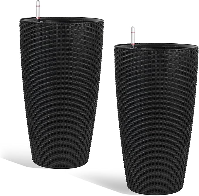 2Pack 22" High Modern Plant Pots Planter-Self-Watering Indoor/Outdoor Planting with Drain Holes, Water Level Monitor, Inner Bucket for Front Porch Patio, Black Rattan Conical-Ruum Studio Home
