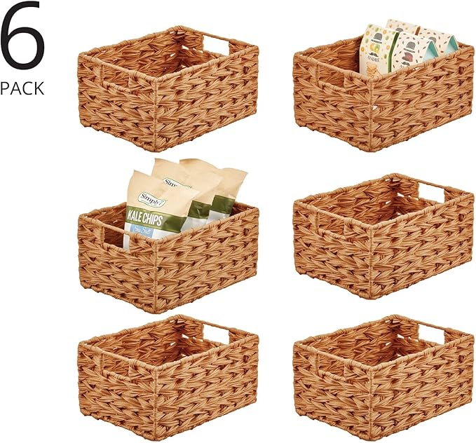 mDesign Woven Farmhouse Kitchen Pantry Food Storage Organizer Basket Bin Box - Container Organization for Cabinets, Cupboards, Shelves, Countertops - Store Potatoes, Onions, Fruit, 6 Pack, Camel Brown-Ruum Studio Home