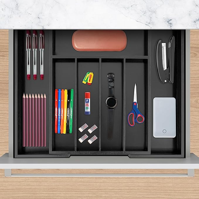 VaeFae Bamboo Drawer Organizer, Expandable Silverware Drawer Organizer, Cutlery Tray with Dividers for Kitchen Utensils (Black, Medium)-Ruum Studio Home