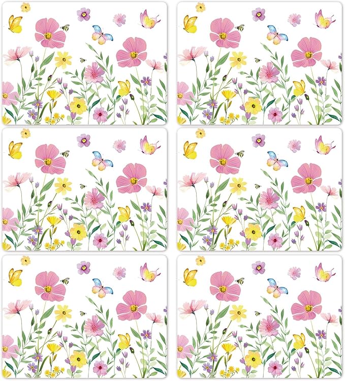 Spring Floral Butterfly Placemats Set of 6 Flower Summer Plastic Table Mats Wildflower Place Mats Washable Vinyl Rustic Holiday Table Decoration for Indoor Outdoor Party Kitchen Dining-Ruum Studio Home