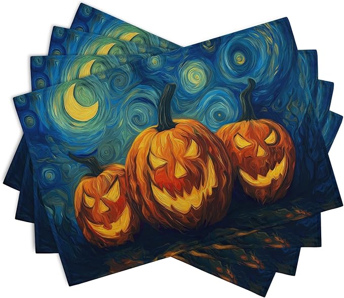 Halloween Placemats Set of 4 Pumpkin Vincent Van Gogh Starry Night Art Linen Table Mats 12x18 Inch Jack O Lantern Farmhouse Place Mats for Party Kitchen Dining Outdoor Indoor Decor-Ruum Studio Home
