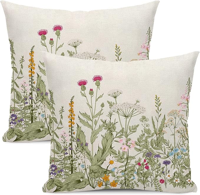 Spring Floral Pillow Covers 18 x 18 Inch Set of 2 Vintage Sage Green Wild Flowers Decor Throw Pillows Wildflower Plant Outdoor Farmhouse Decorative Cushion Cases for Couch Bed Sofa Decoration-Ruum Studio Home