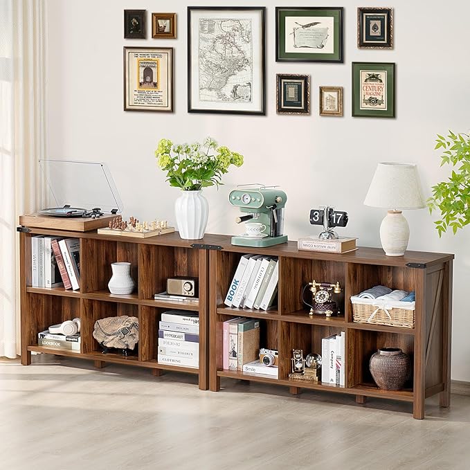 Farmhouse 6 Cube Book Shelf, Wood 3 Tier Storage Organizer Bookshelf, Brown Walnut 47" Horizontal Cubby Bookcase with Legs, Rustic Entryway Book Case, Long Display Cabinet for Bedroom, Office-Ruum Studio Home