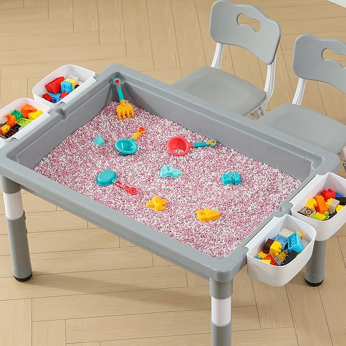 Multi Functional Kids Table and 2 Chairs Set, Graffiti & Building Blocks Double-Sided Tabletop, Toddler Play Table with Drawers, Large Storage Space, Gift for Boys/Girls, Gray-Ruum Studio Home
