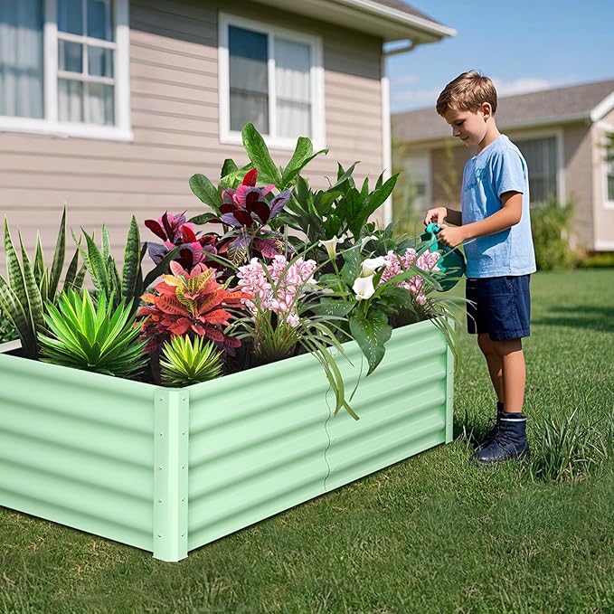 Galvanized Raised Garden Bed Outdoor, 2 Pcs 6x3x1.5FT Outdoor Large Planter Raised Beds Open Base with Safety Edge and Glove for Vegetables Flowers Ground Planter, Green-Ruum Studio Home