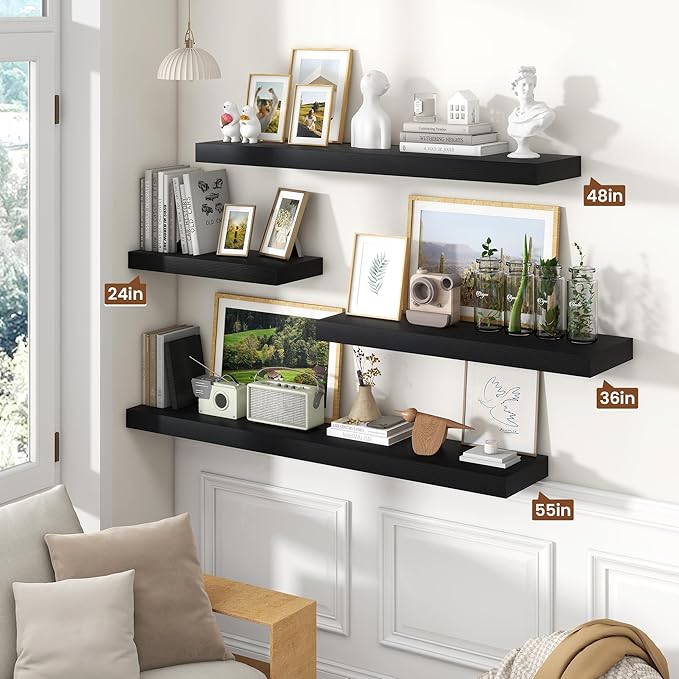 Heimlove 48" Black Floating Shelves for Wall,10 Deep Rustic Wood Display & Storage Wall Shelves with Heavy Duty Brackets for Bathroom,Bedroom,Kitchen,Living Room,Office-Ruum Studio Home
