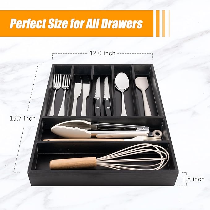 Bellsal Bamboo Silverware Drawer Organizer, Utensil Kitchen Drawer Organizer, Utensil Holder Cutlery Tray with Grooved Drawer Dividers for Kitchen Utensils and Flatware Bedroom Office (7 Slot, Black)-Ruum Studio Home
