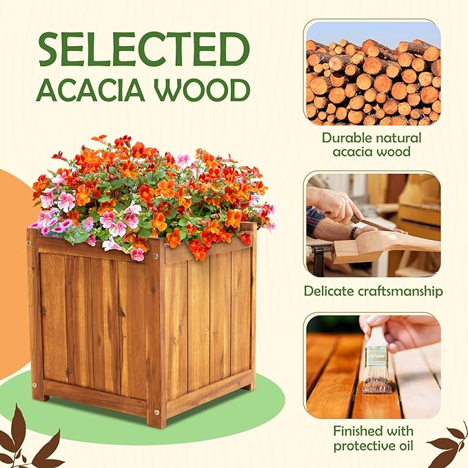 Idzo Set of 2 Hardwood Outdoor Flower Box, Durable Acacia Wood Flower Boxes for Outdoor Plants with Ergonomic Handles, Drainage Holes, Multiple Sizes Wood Bucket Planter for Home Décor-Ruum Studio Home