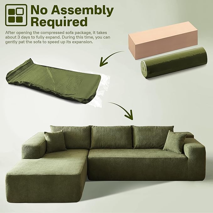 104" Cloud Sectional Couches for Living Room,L Shaped Boneless Couch in A Box,Sleeper Sofa with Comfy Chaise No Assembly Required,Green-Ruum Studio Home