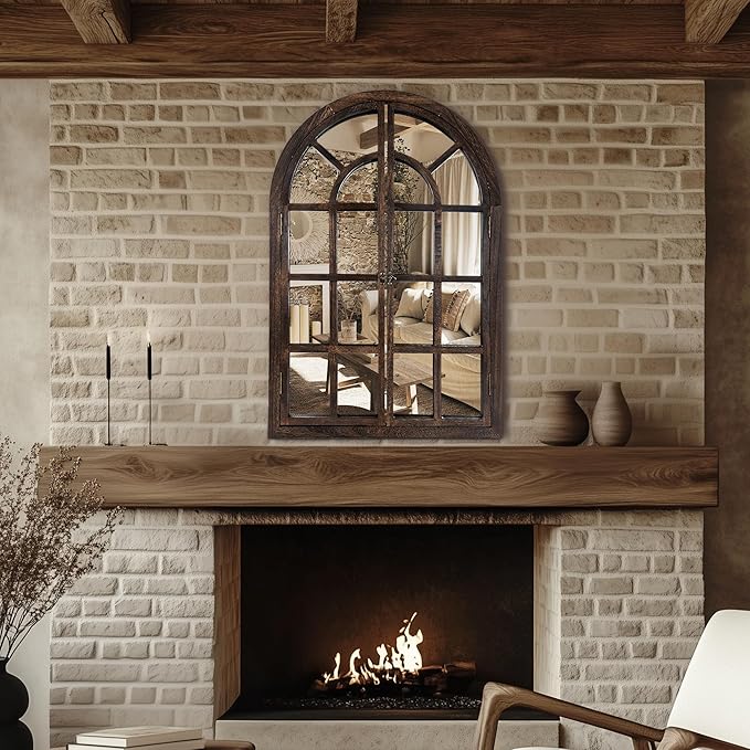Arched Wall Mirror with Window Design, 38"x26" Rustic Farmhouse Wood Mirror for Wall Decor, Decorative Vintage Arch Mirror for Living Room, Bedroom, Entryway-Ruum Studio Home