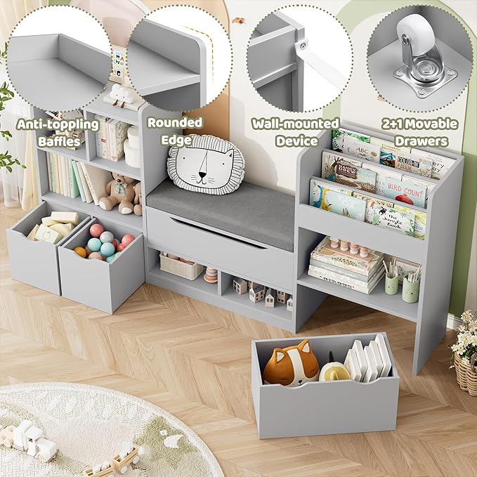 FOTOSOK 72” Kids Bookshelf with Reading Nook, Large Toy Storage Organizer with Seat Cushion and 3 Movable Drawers, Kids Reading Nook Toy Organizers and Storage with Bench for Living Room, Grey-Ruum Studio Home