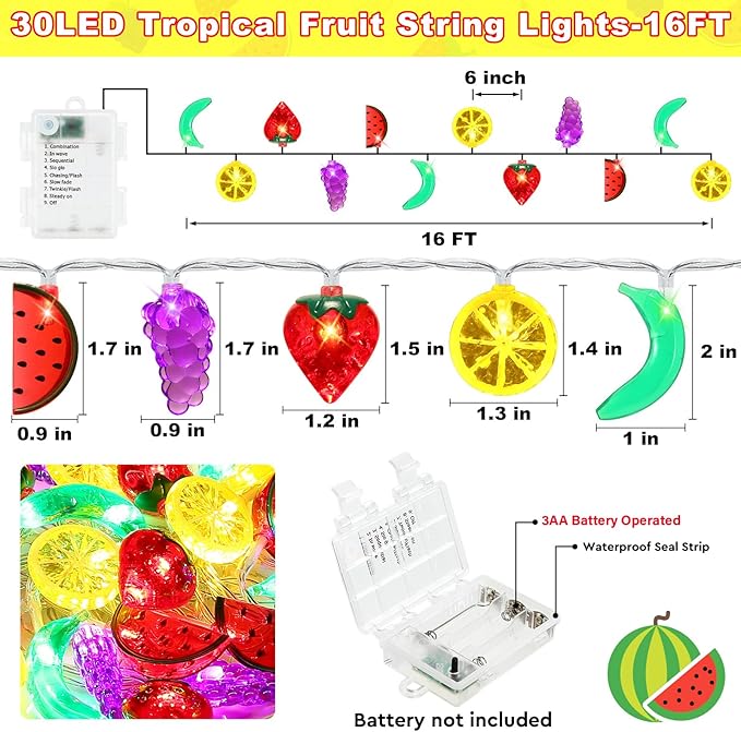 Couah [ 8 Modes & Timer ] 30 LED 16 Ft Summer Tropical String Lights Strawberry Grape Watermelon Lemon Banana Fairy Lights Battery Operated for Tropical Party Pool Beach Summer Decorations-Ruum Studio Home