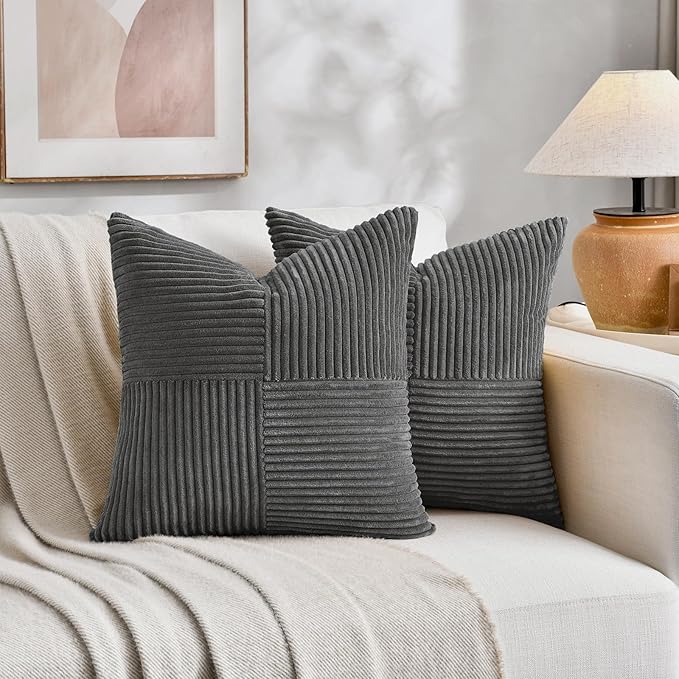 Fancy Homi 2 Packs Dark Gray Samll Decorative Throw Pillow Covers 14x14 Inch with for Couch Bed Sofa, Rustic Farmhouse Boho Home Decor, Soft Corss Patchwork Corduroy Square Cushion Case 35x35 cm-Ruum Studio Home