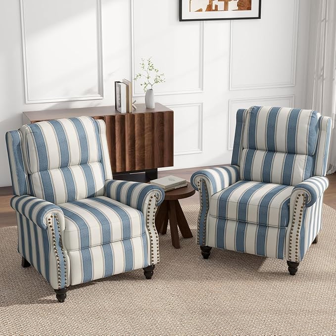 UIXE Pushback Recliner Chairs Set of 2, Fabric Overstuffed Armchair Push Back Accent Chair for Living Room, Rivet Trim Club Chair Home Theater Bedroom Side Reading Seats - Strip Navy-Ruum Studio Home