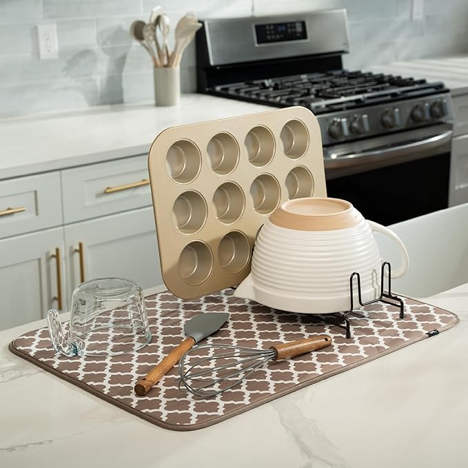 S&T INC. Dish Drying Mat XL, 18” x 24”, Absorbent Microfiber Kitchen Counter Mat, Dish Drying Pad for Dishes, Utensils, Pots and Pans, Extra Large, Taupe Trellis-Ruum Studio Home