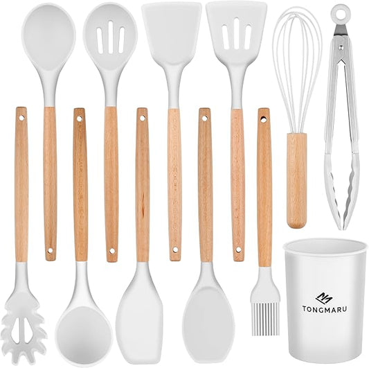 Silicone Cooking Utensils Set, Premium Beech Wood Handle Kitchen Gadgets Utensil Set, Non-Stick Kitchen Utensils Spatula, Tongs, Turner, Whisk, Brush, Spoon, BPA FREE, 446°F Resistant (White)-Ruum Studio Home