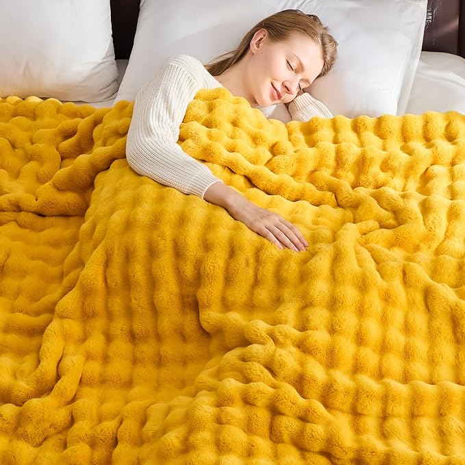 NEWCOSPLAY Faux Fur Throw Blanket Mustard Yellow Bubble Blanket Thick Warm Soft for Couch Sofa Bed 550GSM (Mustard Yellow, Throw(50"x60"))-Ruum Studio Home